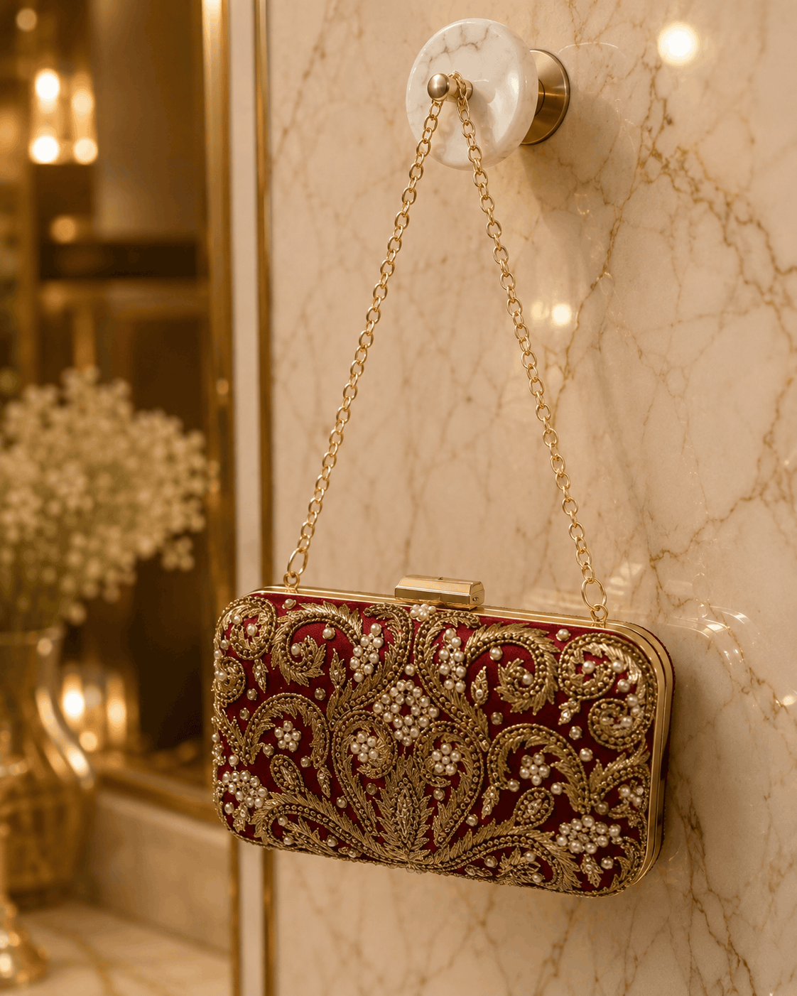 Wine red beaded clutch with gold chain strap and rectangular frame clasp
