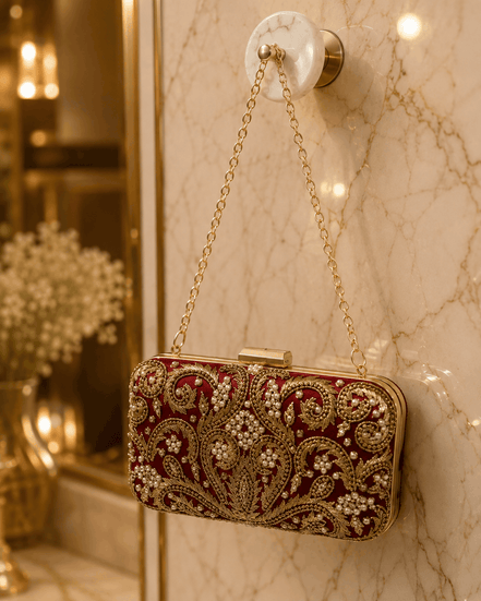 Wine red beaded clutch with gold chain strap and rectangular frame clasp