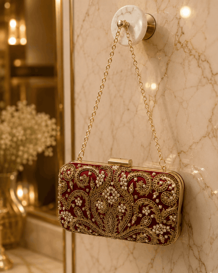 Wine red beaded clutch with gold chain strap and rectangular frame clasp