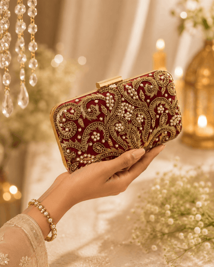 Wine red satin clutch with gold ornate beadwork and kiss-lock clasp