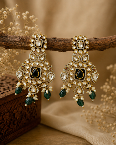 Pair of chandbali chandelier earrings, gold-tone, black kundan centers, green dangling drops.