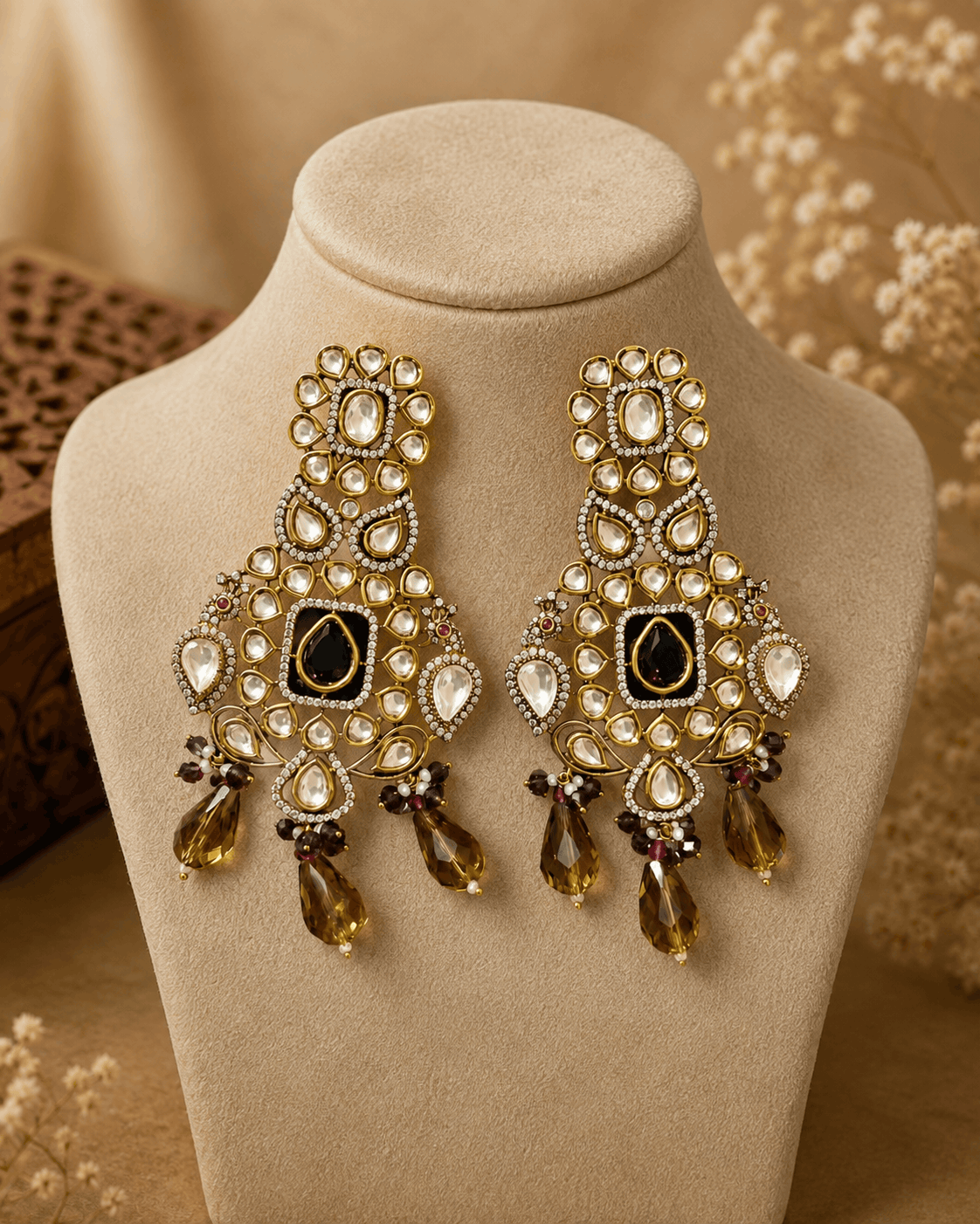 Golden chandbali earrings with kundan setting, dark center, amber and purple drops.