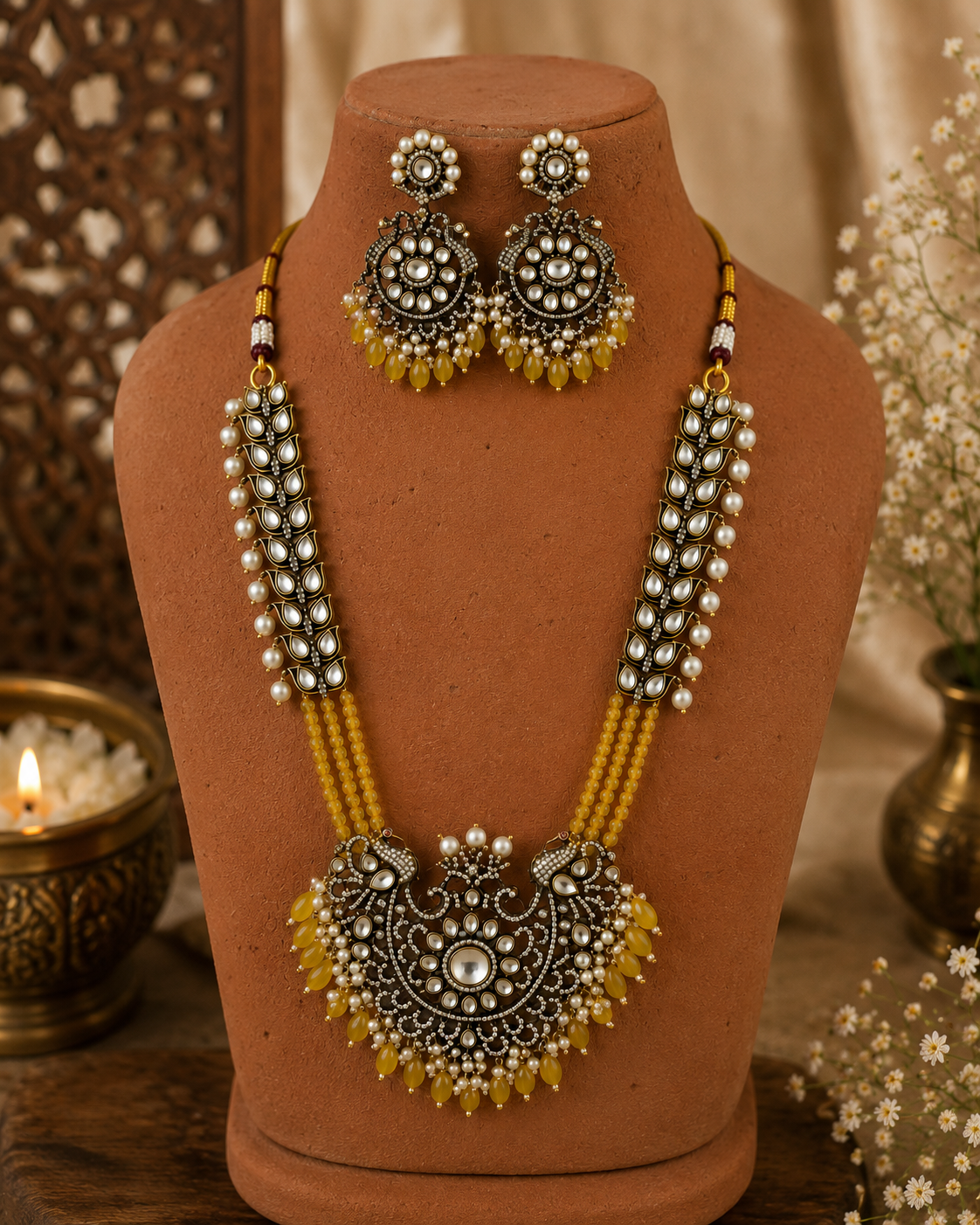 Gold-tone beaded long necklace set with ornate yellow pendant and dangling pearl-like earrings