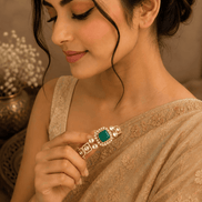 Emerald green gemstone Kada bracelet with gold tone and pearl accents