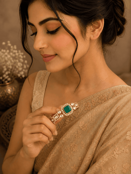 Emerald green gemstone Kada bracelet with gold tone and pearl accents
