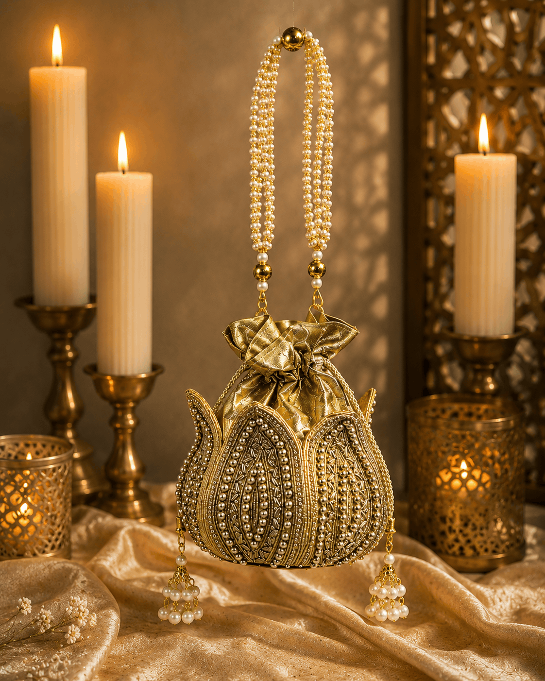 Gold beaded potli bag with drawstring top and dangling pearl tassel handles