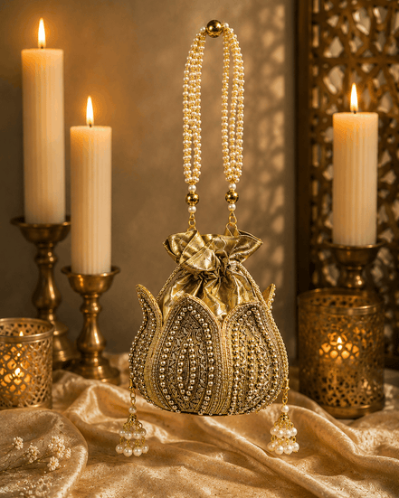 Gold beaded potli bag with drawstring top and dangling pearl tassel handles