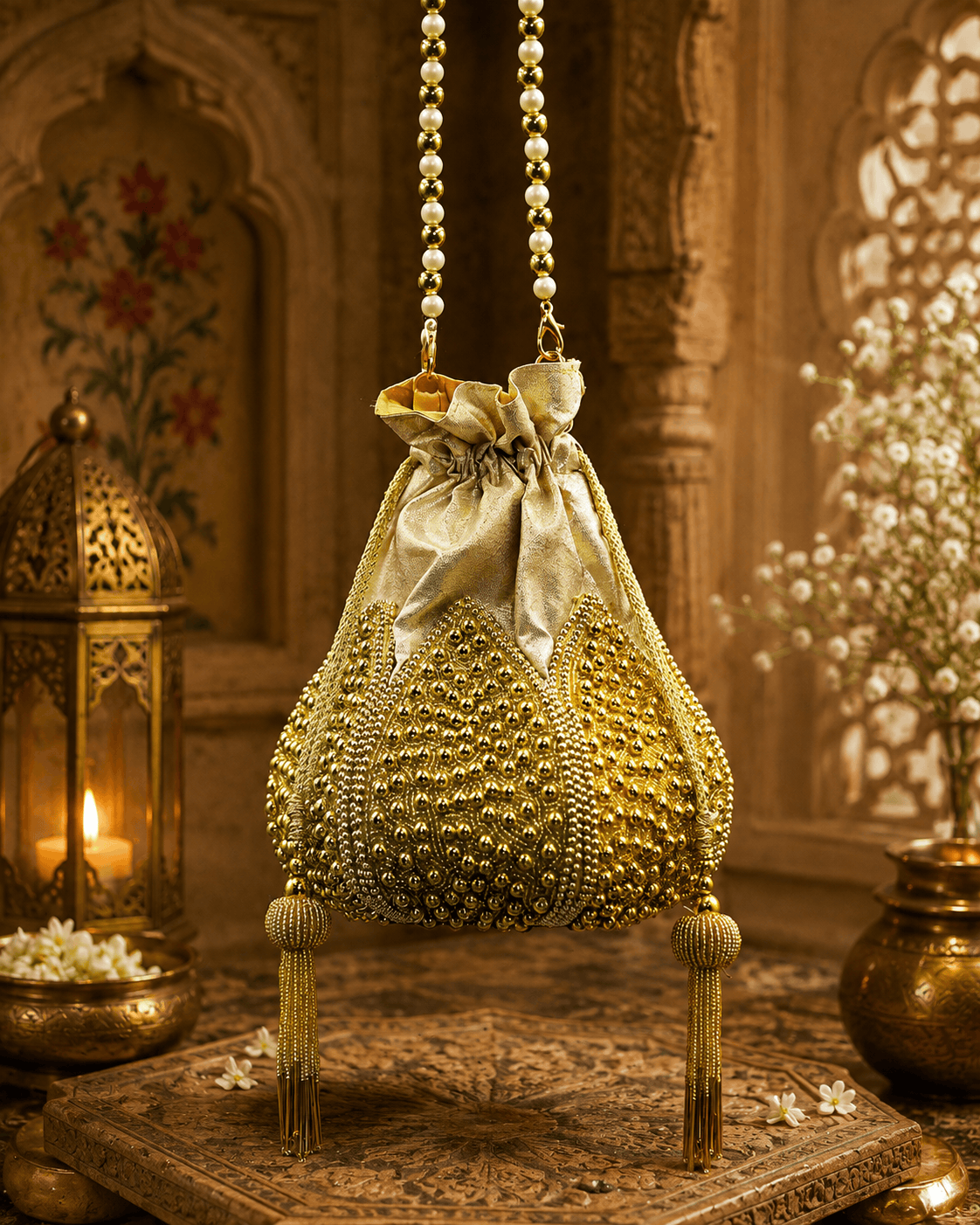 Gold beaded potli bag on stand, drawstring pouch with pearl bead handles