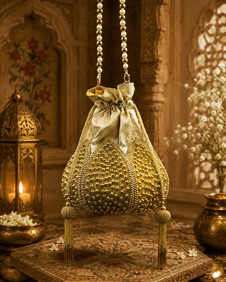 Gold beaded potli bag on stand, drawstring pouch with pearl bead handles
