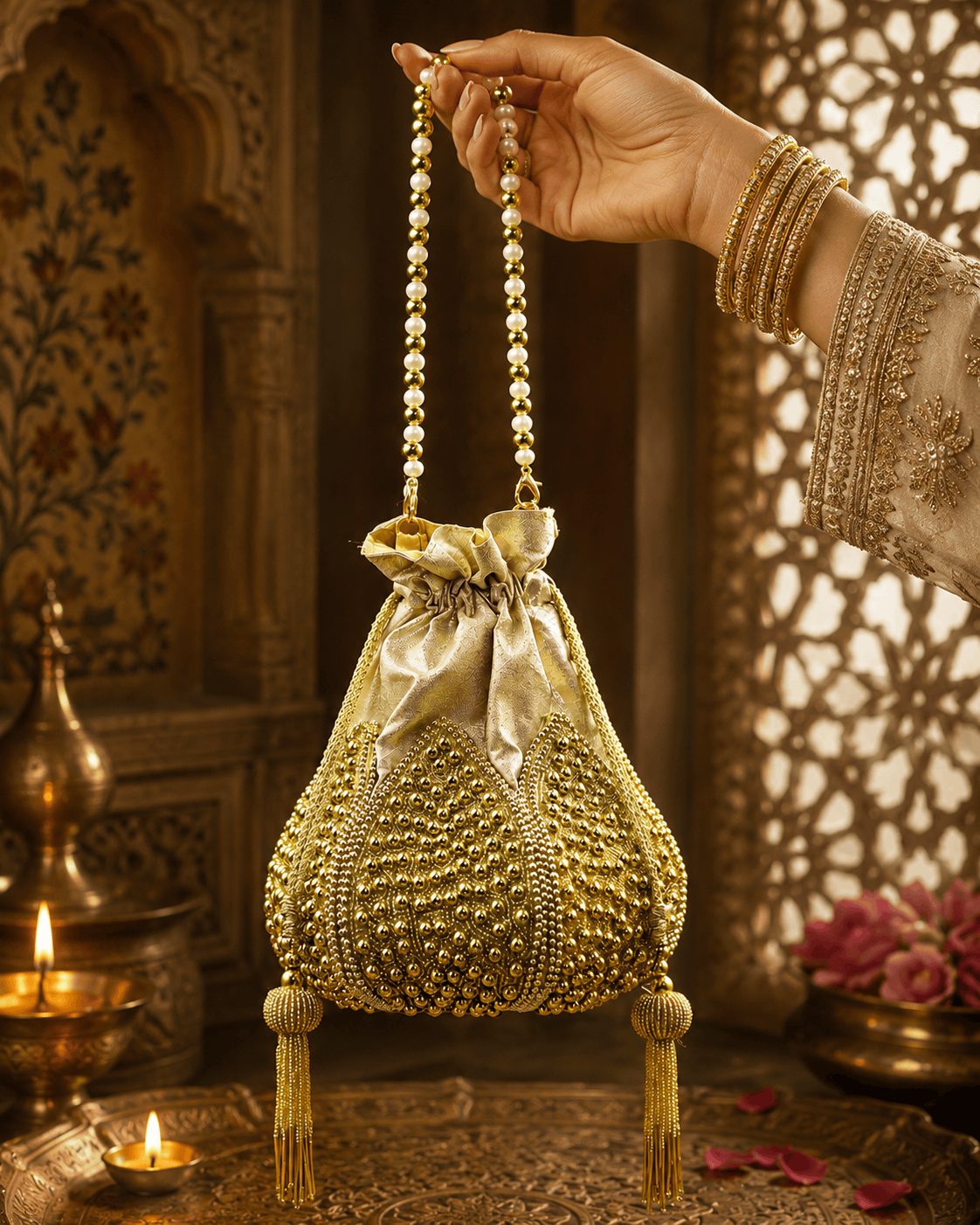 Gold drawstring potli bag with pearl bead handles and dangling pearl tassels