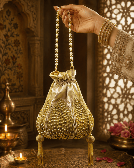 Gold drawstring potli bag with pearl bead handles and dangling pearl tassels