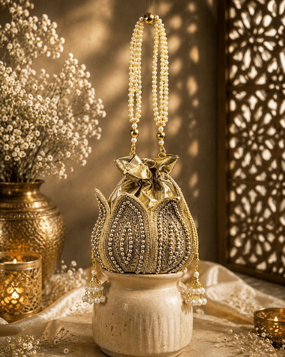 Gold embellished potli bag with ruffled top and pearl bead tassel drops