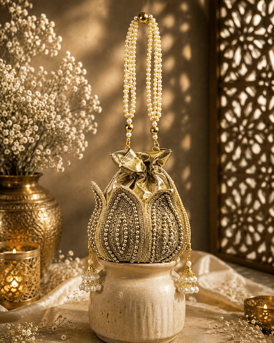 Gold embellished potli bag with ruffled top and pearl bead tassel drops