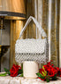 Silver crystal shoulder bag with top handle and beaded fringe flap