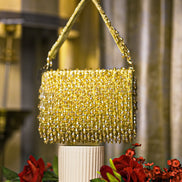 Gold crystal shoulder bag with chain strap and dense beaded fringe top