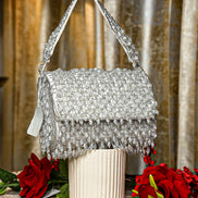 Silver crystal shoulder bag with flap and layered beaded fringe rows