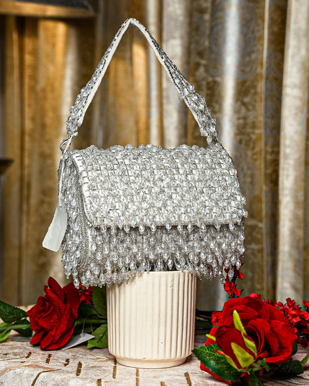 Silver crystal shoulder bag with flap and layered beaded fringe rows