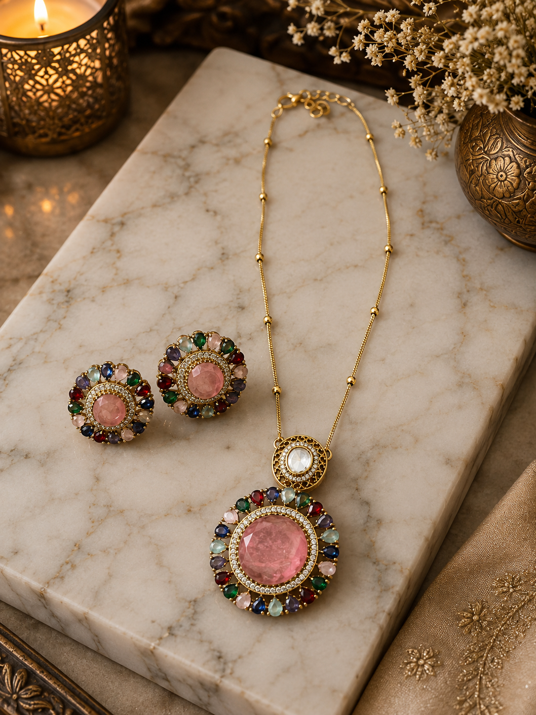 Gold-tone necklace set with pink center circular pendant and round stud earrings, multicolor halos