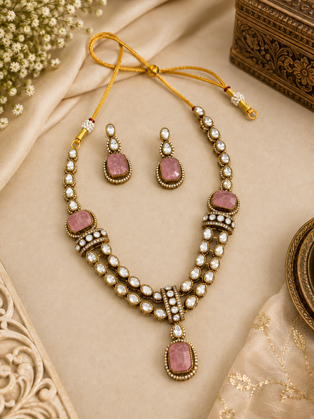 Gold kundan necklace set with pink teardrop pendants, pearl bead rows, and matching earrings