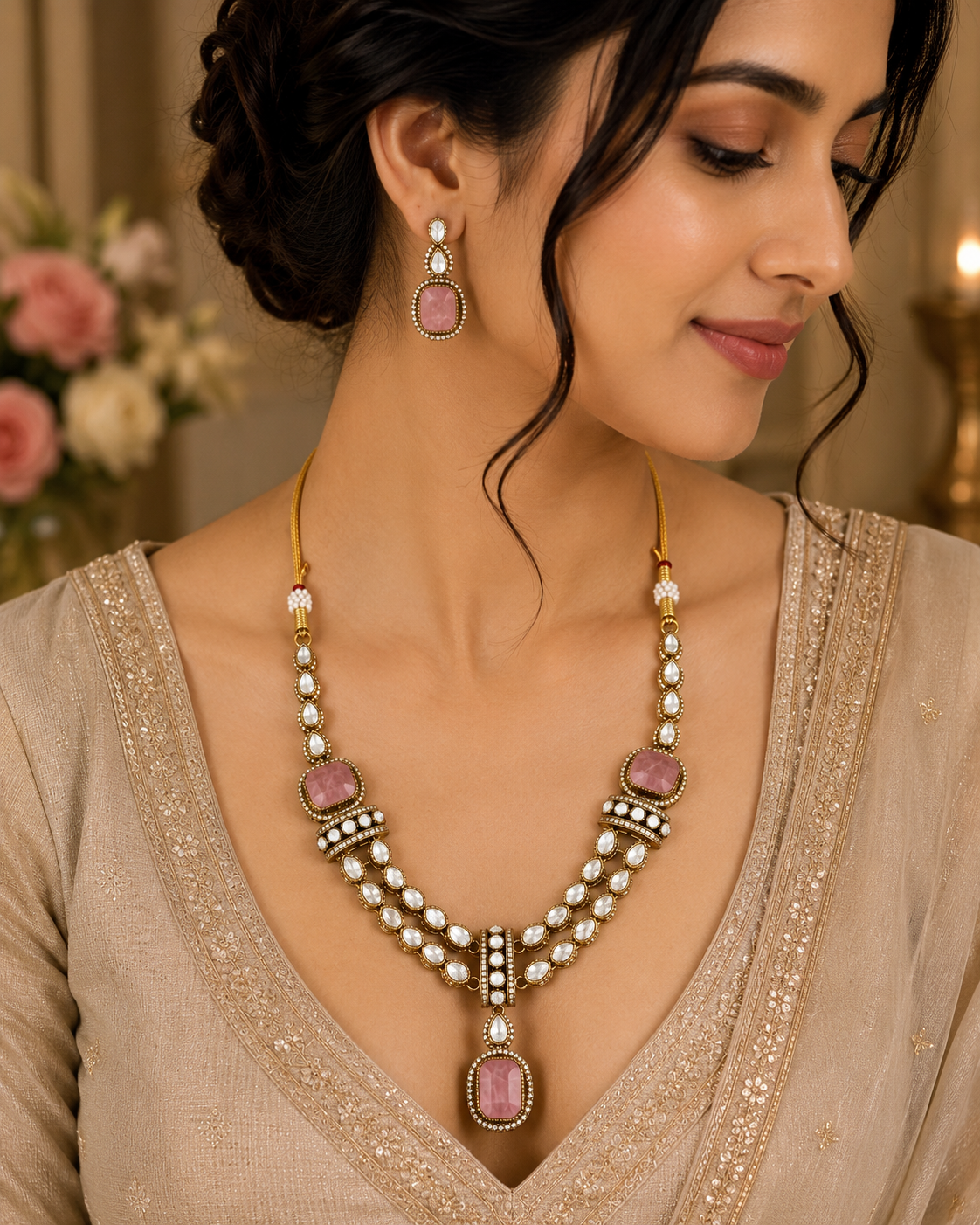 Gold kundan necklace set with pink teardrop pendant and pearl bead chain, with drop earrings