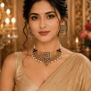 Gold-tone necklace and matching earrings worn by model with square red green detailing