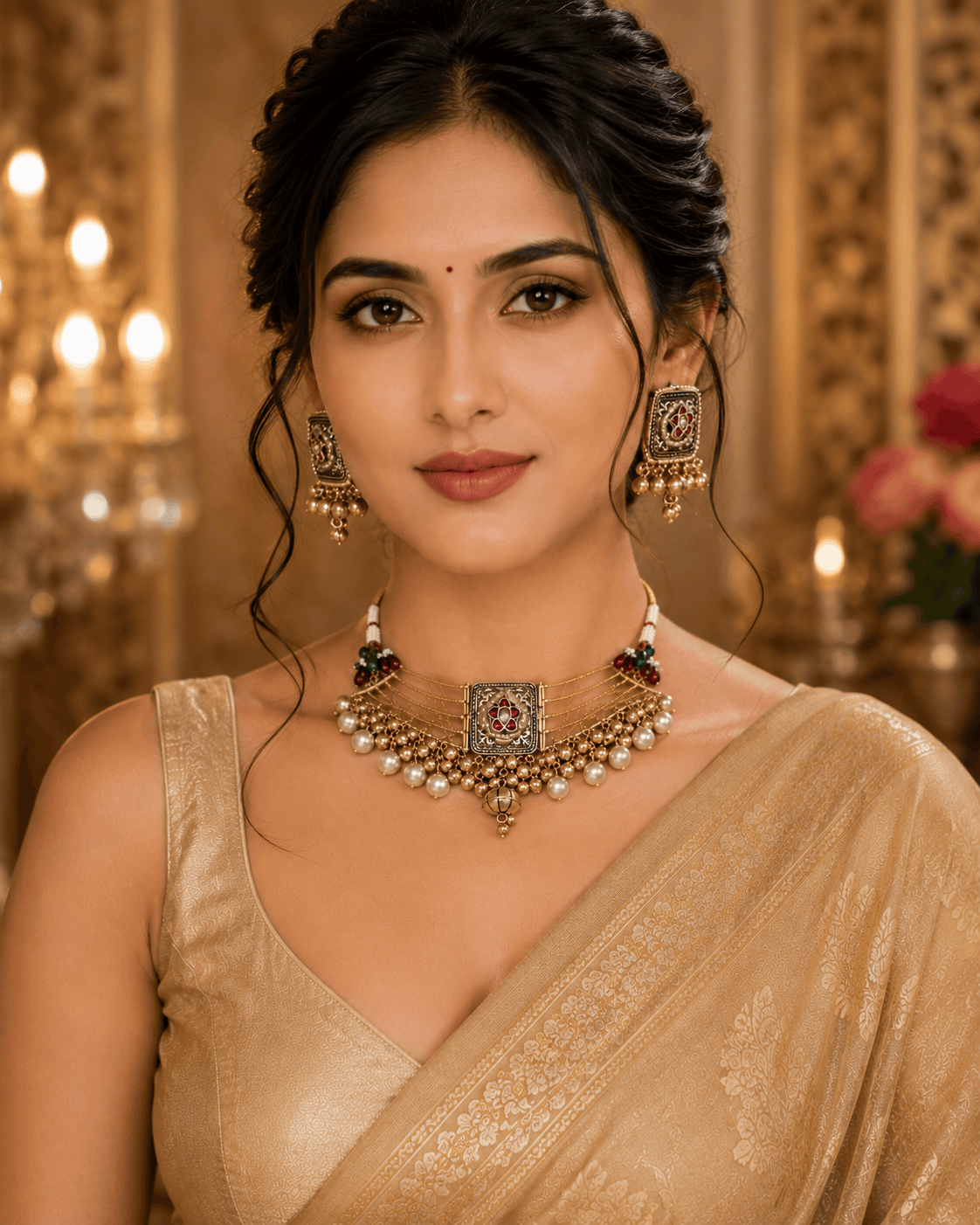 Gold-tone necklace and matching earrings worn by model with square red green detailing