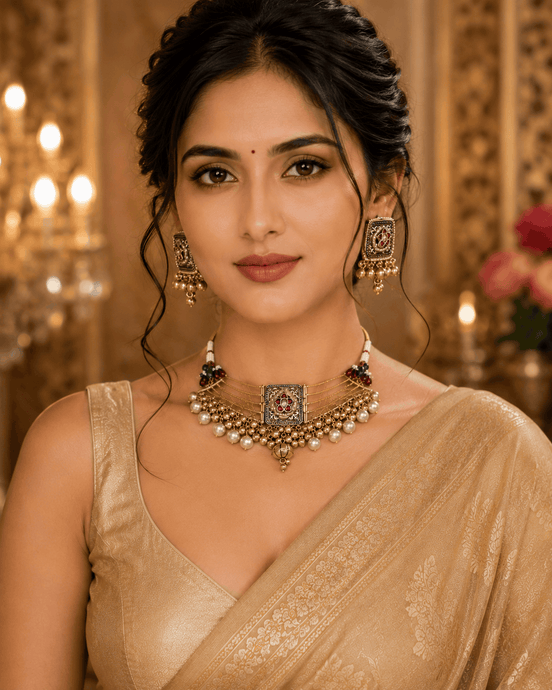 Gold-tone necklace and matching earrings worn by model with square red green detailing
