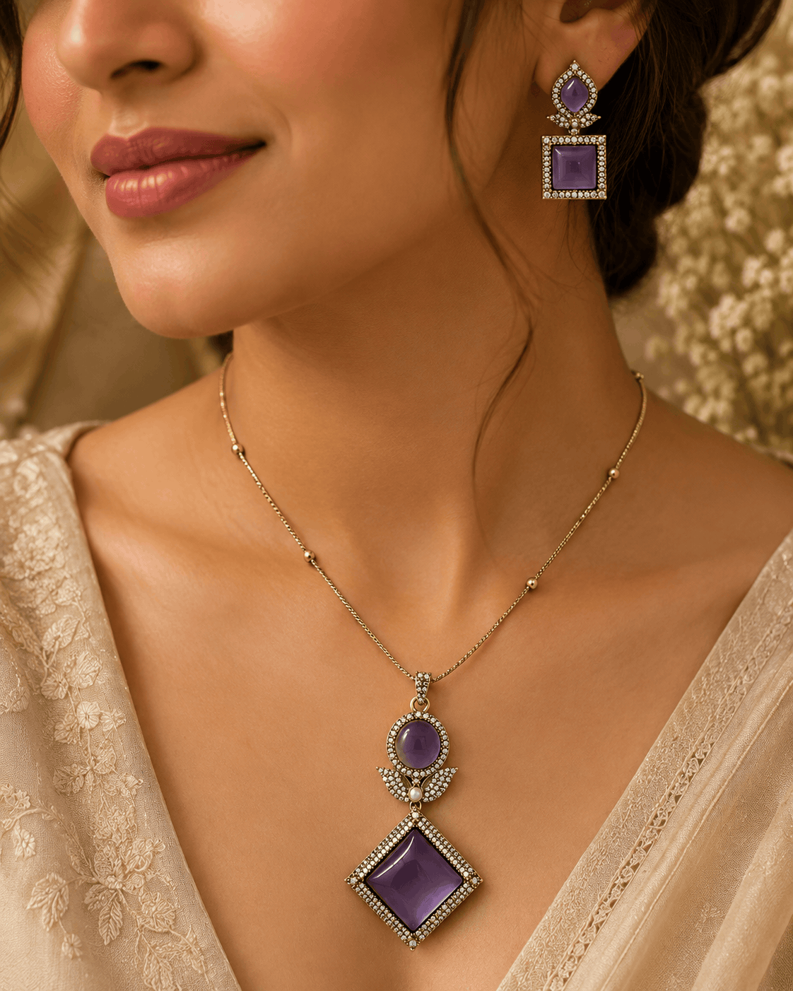 Gold pendant necklace set with purple square earrings and diamond drop pendant on model