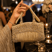 Gold-tone crystal top handle bag held by hand, with chain handle and beaded flap