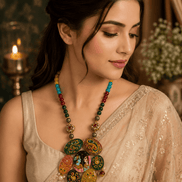 Hand-painted circular pendant statement necklace with multicolor beads and centered charm cluster