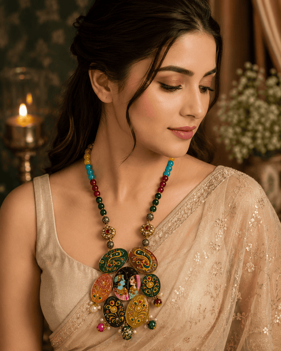 Hand-painted circular pendant statement necklace with multicolor beads and centered charm cluster