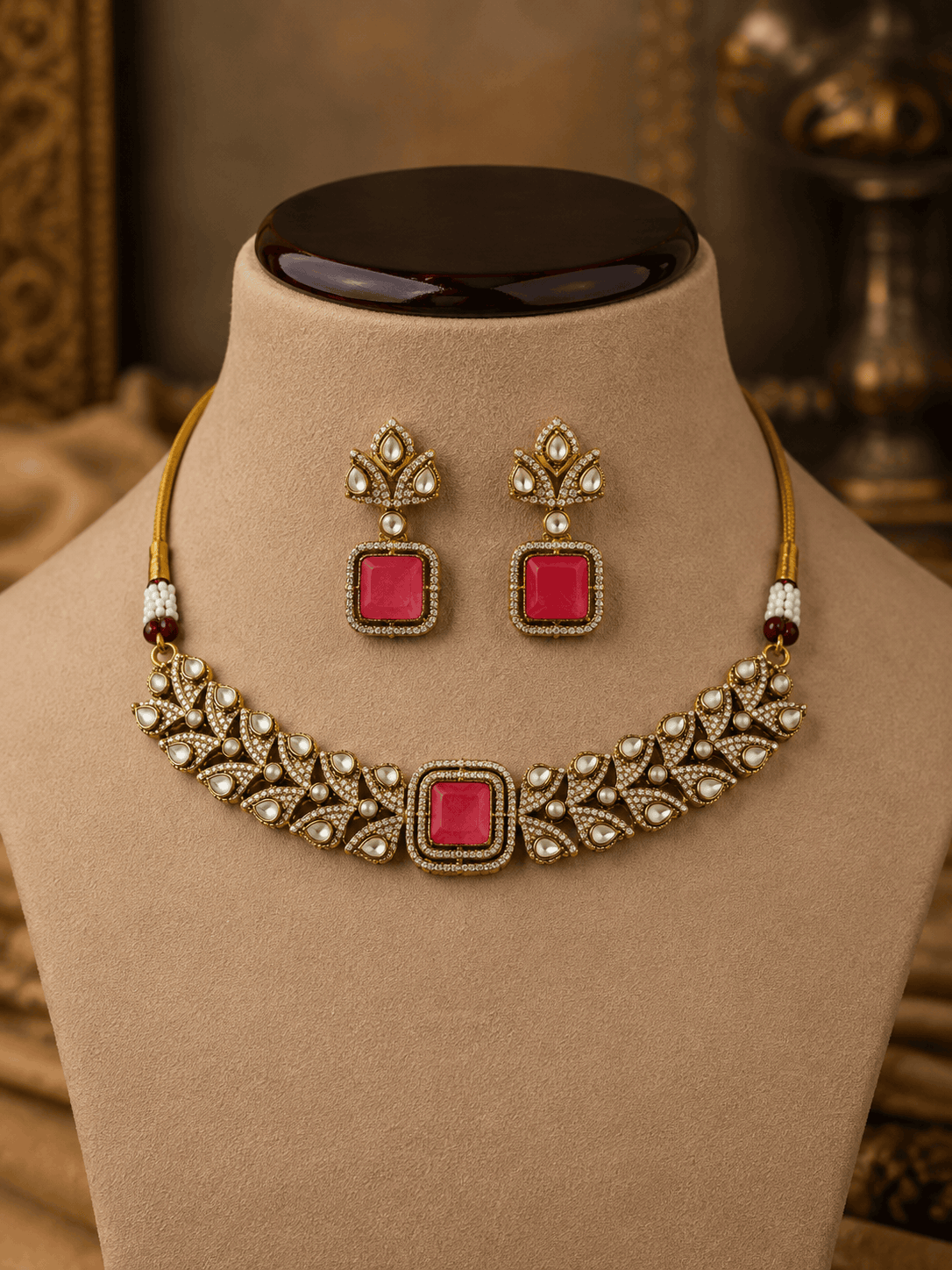 Gold-tone choker set with ruby-pink square stones and stud drop earrings on necklace stand.