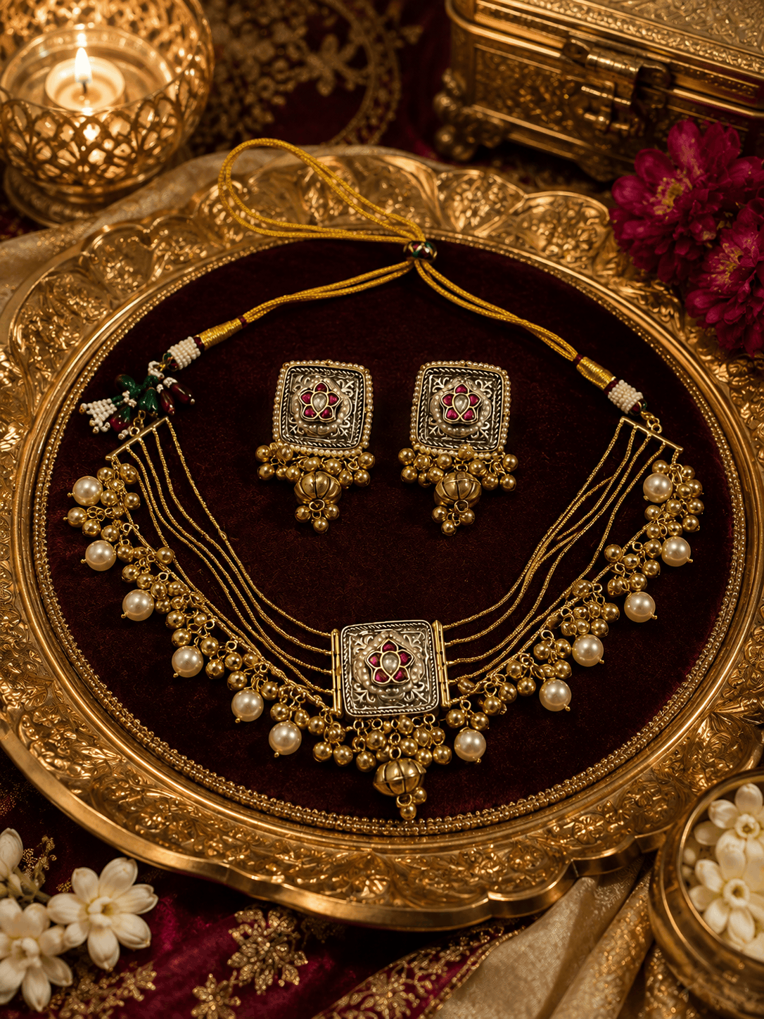 Gold-tone necklace set with red green square pendant, matching pearl drop earrings