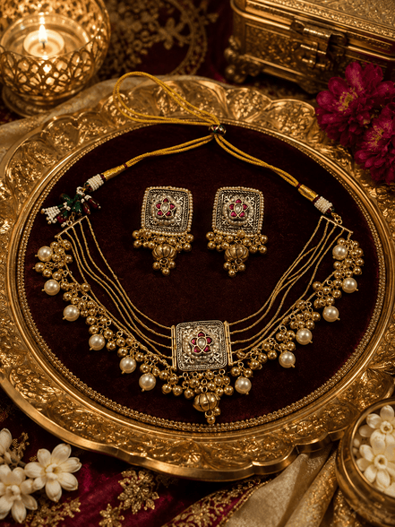 Gold-tone necklace set with red green square pendant, matching pearl drop earrings