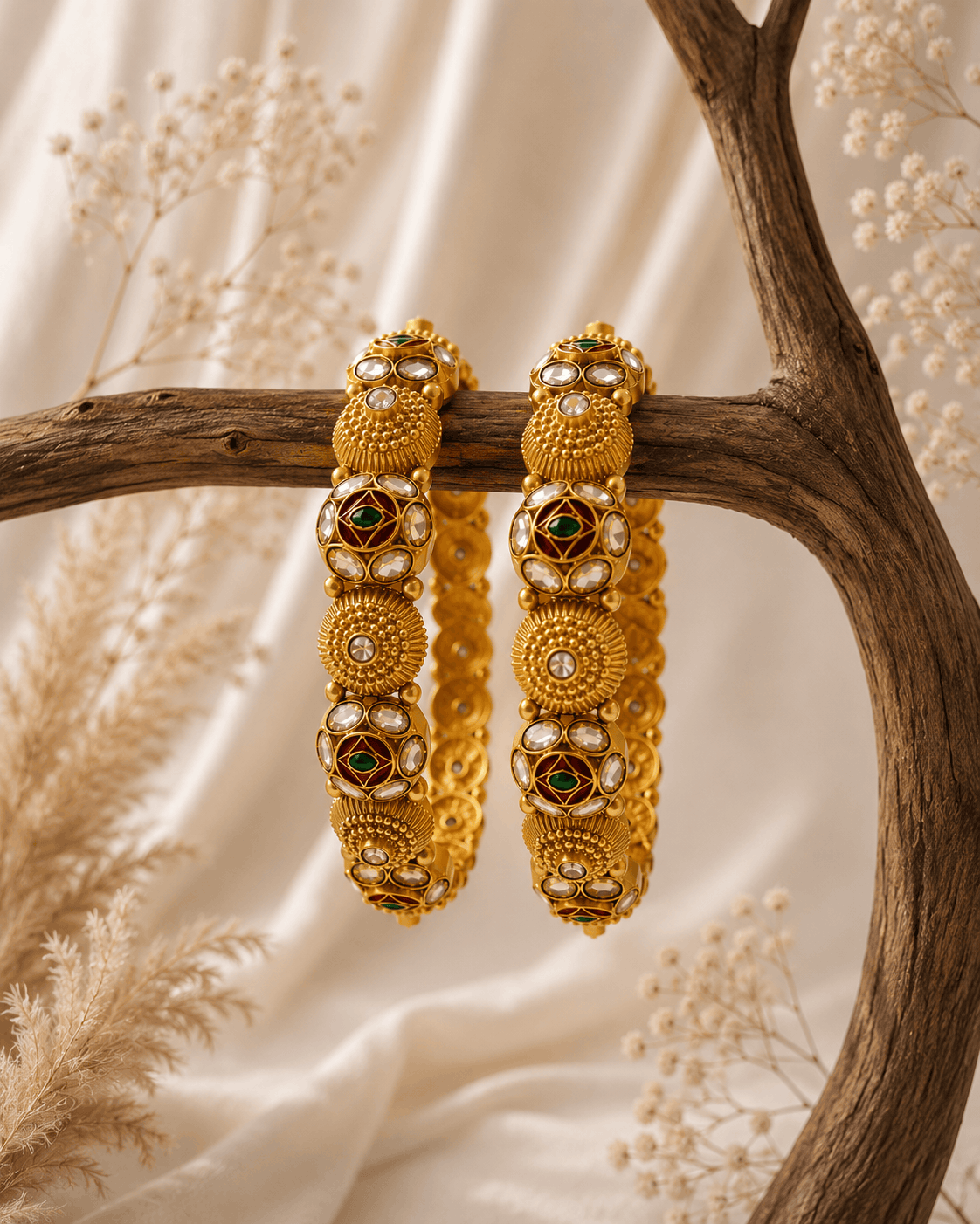 Gold-tone heritage bangles set with green stone accents and round filigree discs