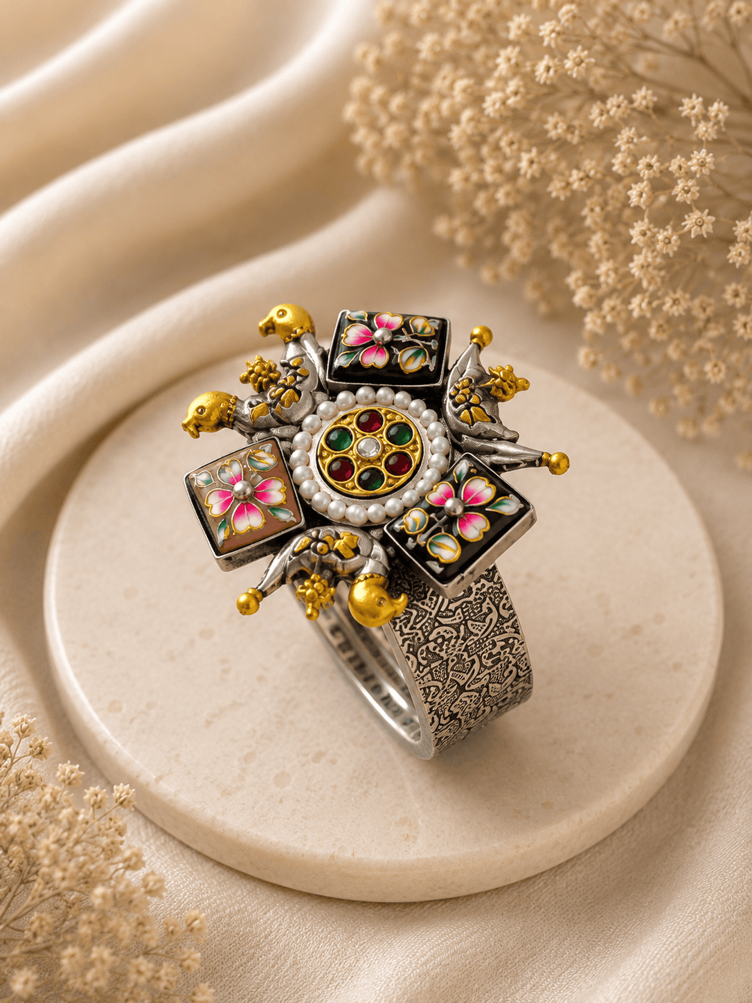 Wide silver-tone cuff with round jeweled center, enamel flower panels, and gold accents