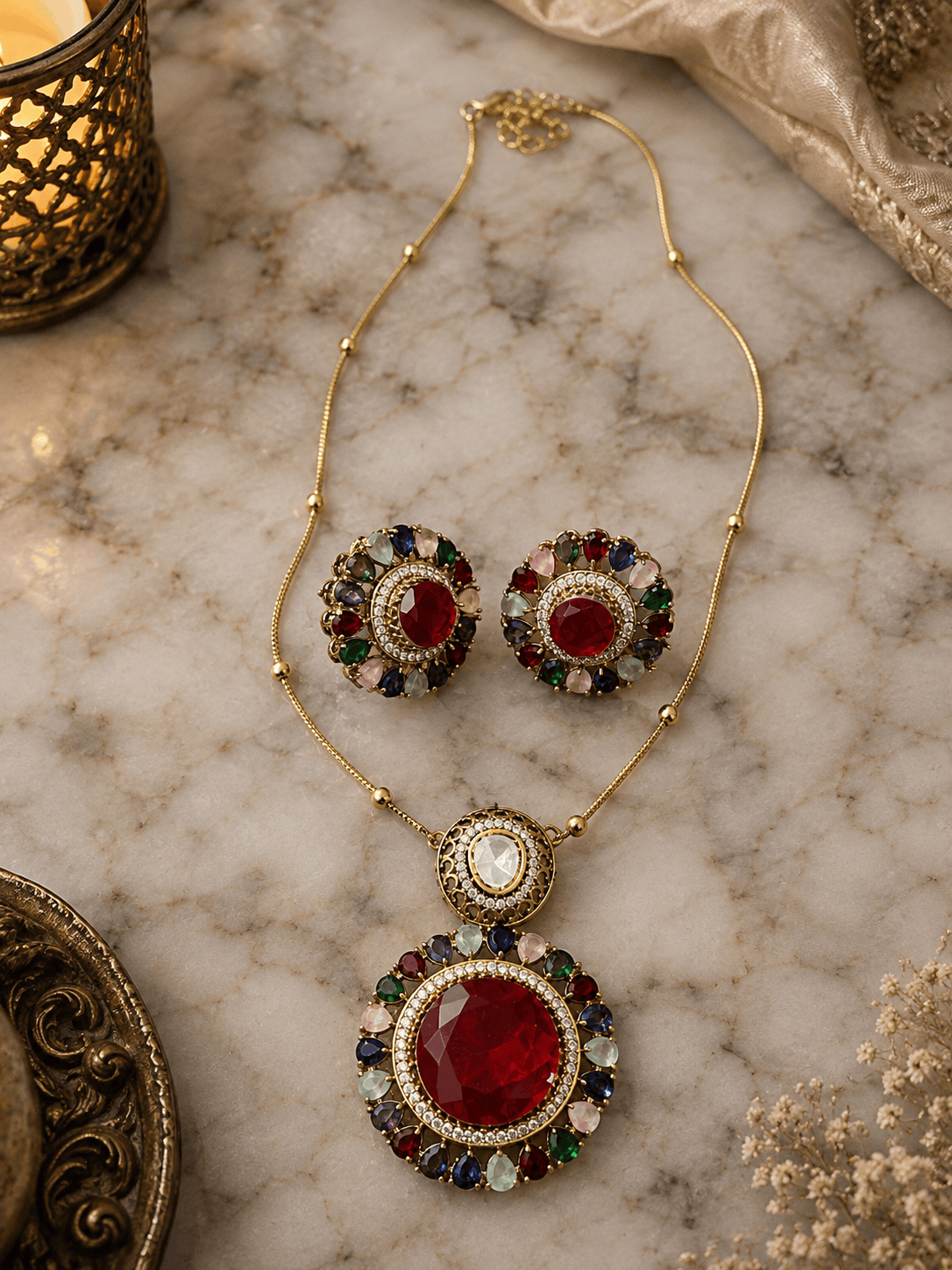 Gold-tone necklace and round stud earrings with red and green center stones, blue accents