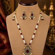 Beaded mala set: pearl and multicolor beads, gold maroon pendant, drop earrings