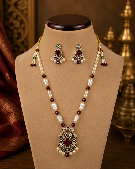 Beaded mala set: pearl and multicolor beads, gold maroon pendant, drop earrings