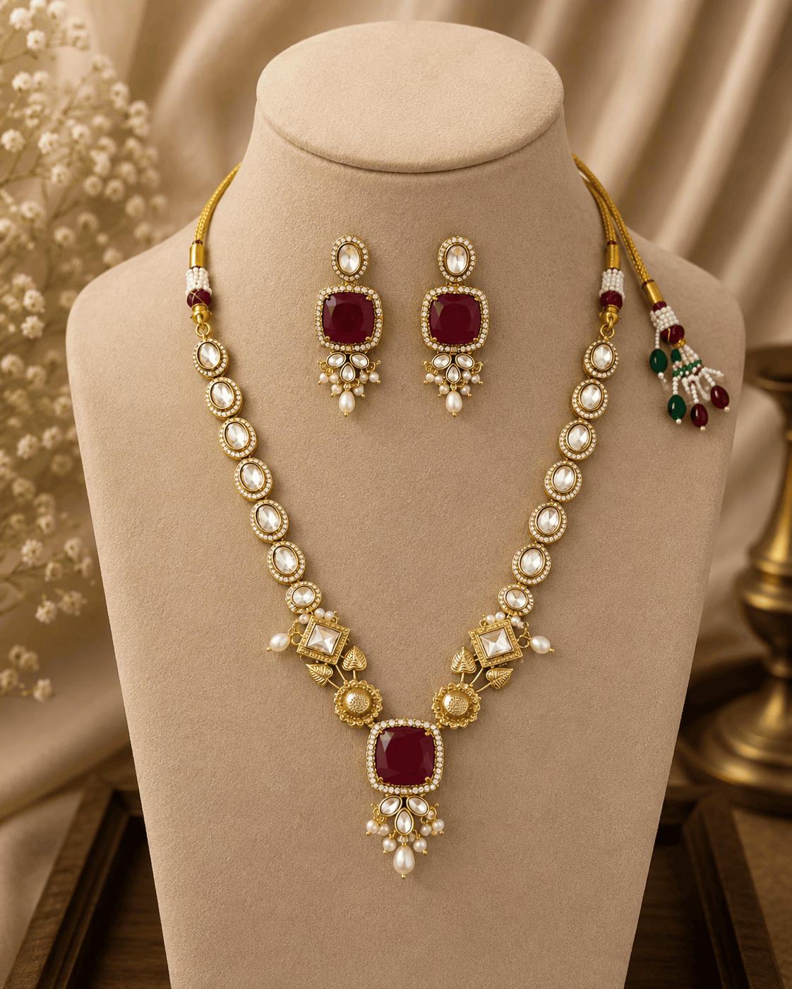 Gold-toned necklace set with maroon square pendant and matching round drop earrings