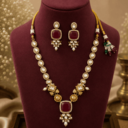 Gold-toned necklace set with maroon square center pendant and round drop earrings