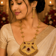 Gold-tone jewelry set: necklace with kundan pendant and dangling earrings on model