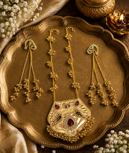 Gold-tone necklace with kundan pendant and matching drop earrings on decorative tray