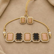 Statement choker set with gold cord, five square enamel links, and stud earrings