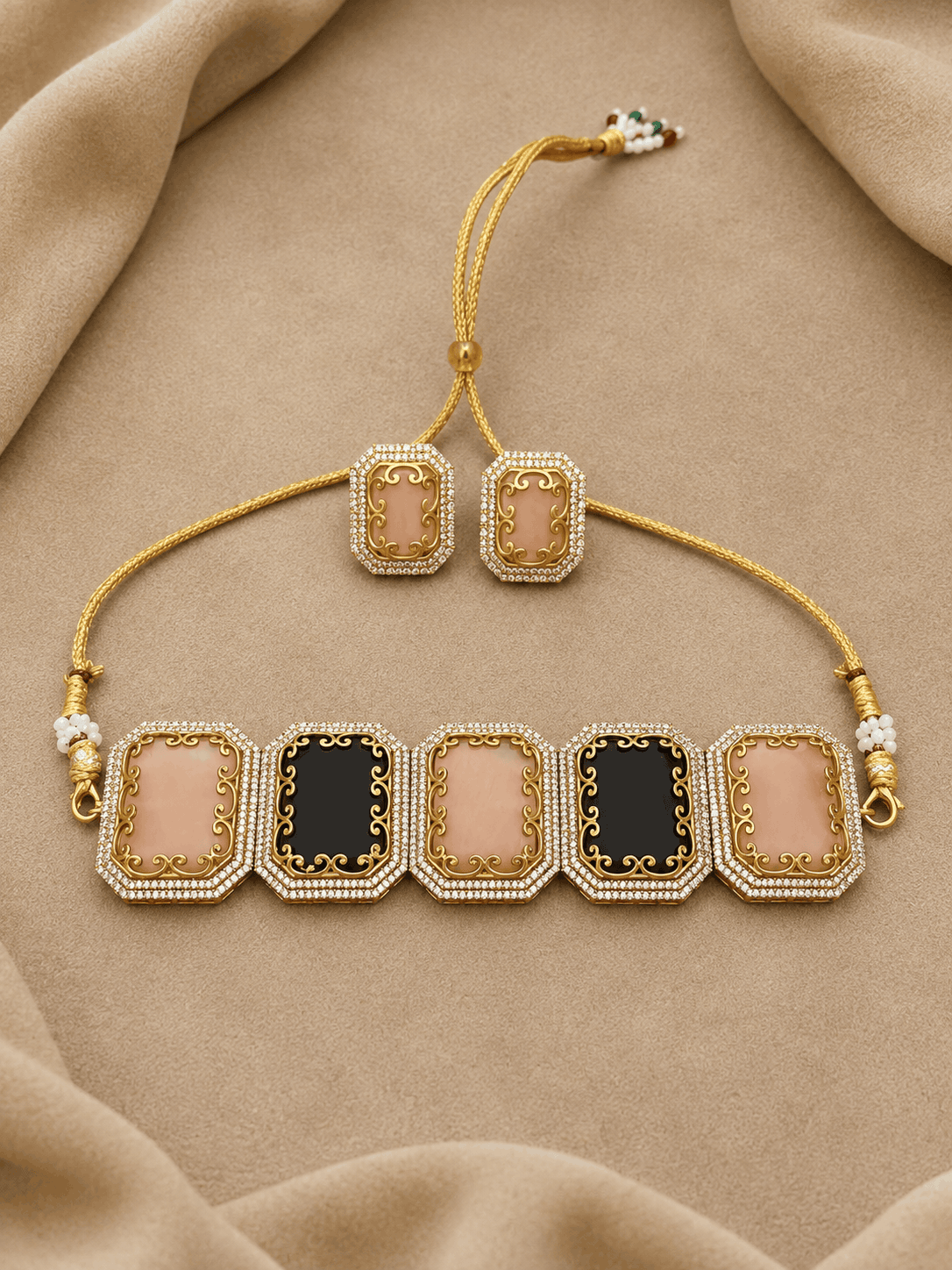 Statement choker set with gold cord, five square enamel links, and stud earrings