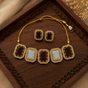 Statement choker set with gold-tone cord, square enamel links, and matching stud earrings