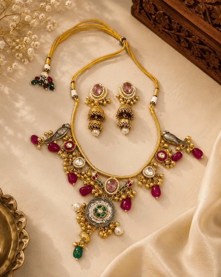 Gold-tone necklace and earring set with pink stones, green accents, and dangling charms