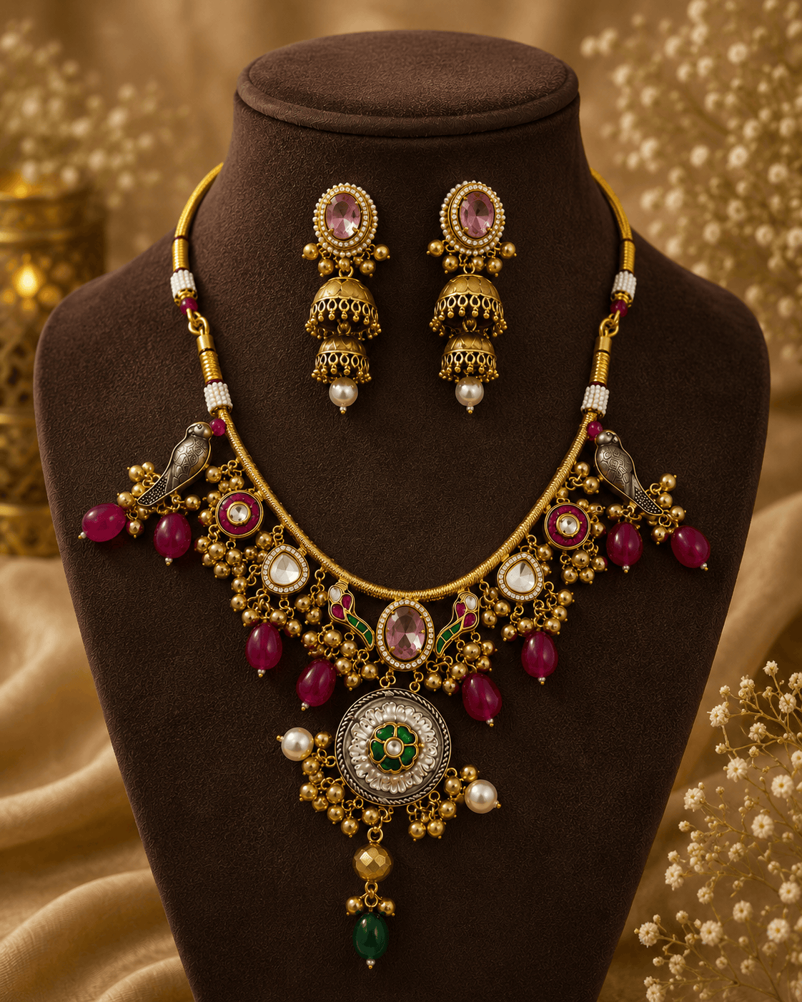 Gold-tone necklace and earrings set with pink oval center and green stone accents on dark bust