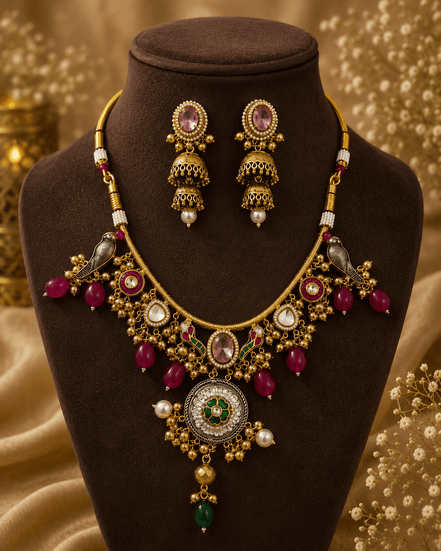 Gold-tone necklace and earrings set with pink oval center and green stone accents on dark bust