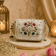Beige-gold embellished box clutch with raised ornate jeweled front and beaded handle